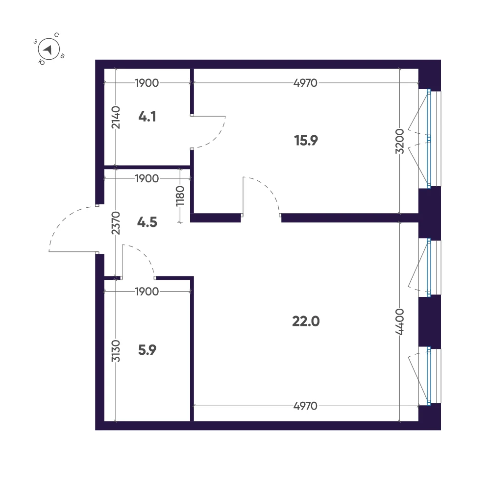 Планировка 1-комнатная 52,4 м² в премиальном комплексе «ЛДМ» — Премиальный комплекс «ЛДМ»
